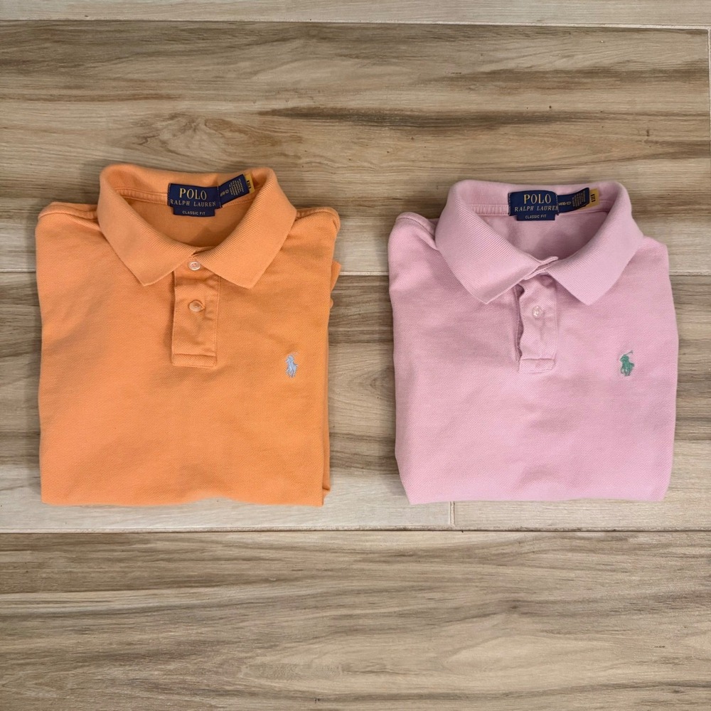 Polo Ralph Lauren Boys Lot of 2 Classic Fit Polo Shirts Orange Pink Size M 10-12